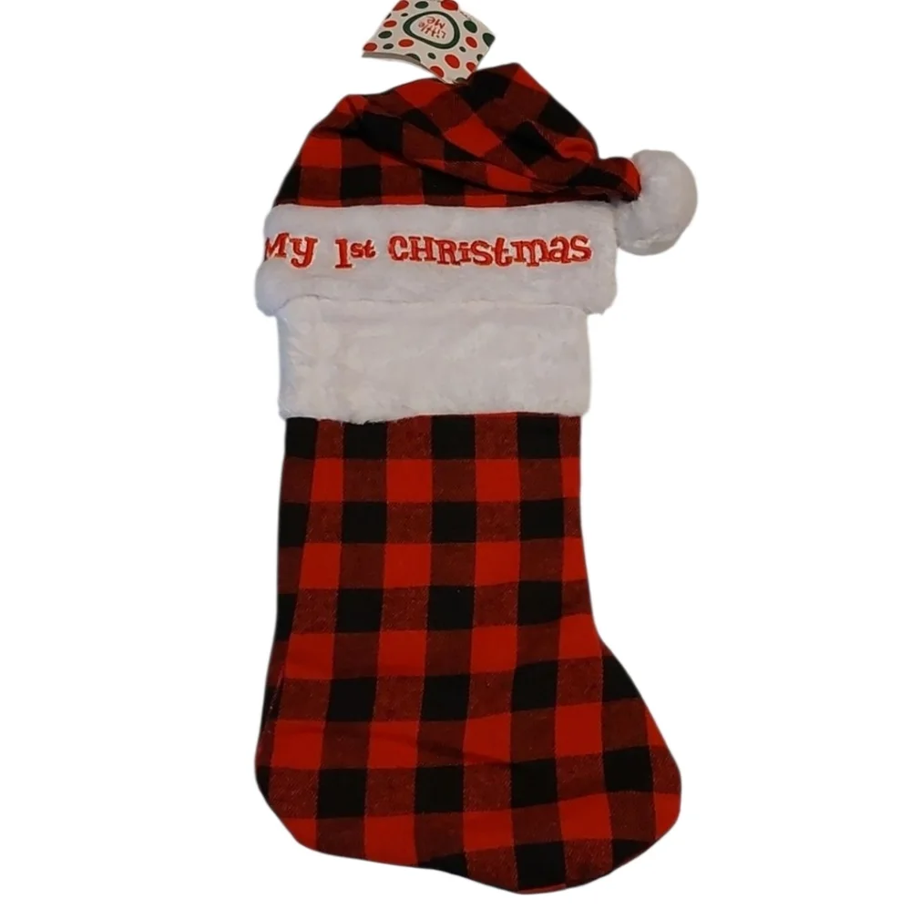 Little Me Baby's First Christmas Hat & Stocking Set with Faux Fur Trim NEW